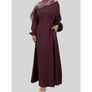Women’s Solid Color Tie Waist Abaya Dress, Modest Long Sleeve Round Neck Dress for Daily Wear, Modest Ladies Islamic Clothing for All Seasons