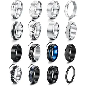 Sanfenly 16Pcs Male Rings Set, Fashion Silver Black Multi-Size Stainless Steel Bands - Matt Polished, Chain, Celtic, Bottle Opener, Fidget Styles for Daily Use, Wedding Promises