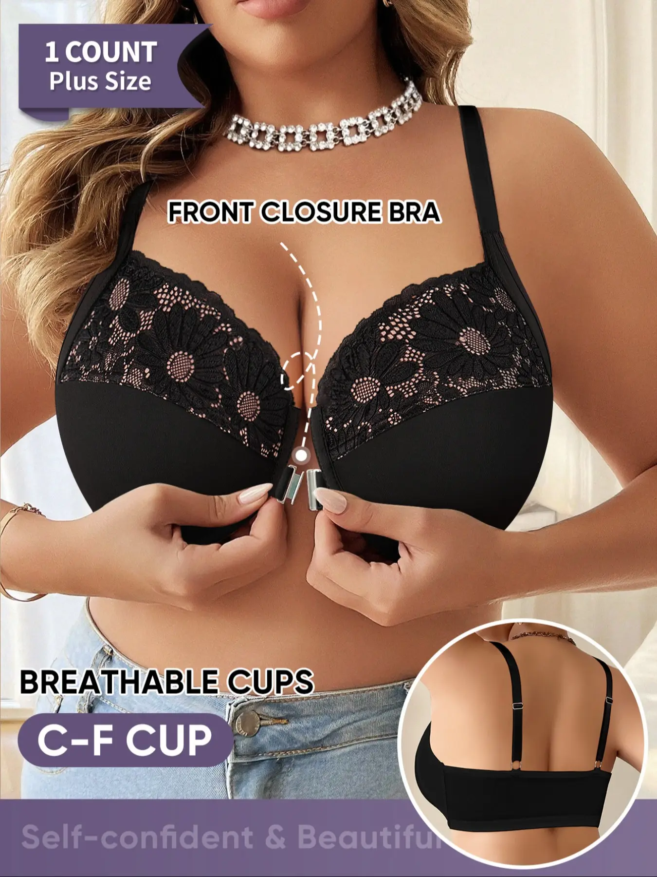 Morelect Plus Size C-F Cup Front Buckle Bra, Breathable Lace Design, Medium Support, Backless Lingerie, Casual Style, All Seasons, Lace Bras