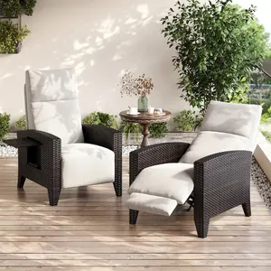 Fathersdaygift Summervibes Flash Sale Home Items: 150° Lay-Flat Wicker Patio Recliner, adjustable backrest & footrest, removable grey cushion, flip side table and powder-coated steel frame, perfect for garden and patio