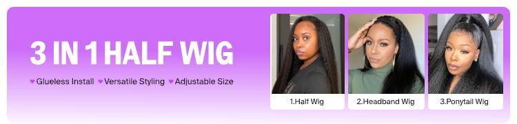 [3 IN 1 HALF WIG] Megalook Affordable Seamless Kinky Curly Half Wig Glueless Human Hair Wigs Flip Over Wig Beginner Friendly Easy Wear Go Quick Weave Hair