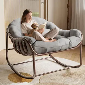 Outdoor Papasan Rocking Chair, Oversized Wicker Lounge Chair with Cushion and Metal Frame, Patio Rattan Egg Rocker for Balcony Backyard Porch Bedroom, Grey