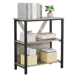Small Industrial Bookshelf with Adjustable LED Lights,  Low Metal Frame Bookcase with Open Display Shelves for Home Office, Living Room, Bedroom