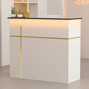 AHB Reception Desk with Counter, Modern Front Table Equipped Lockers & Storage Shelves, 50-inch Checkout Counter with LED Lights & DIY Stripe for Lobbies, Salons, Retail, Home Offices, Reception Room
