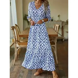 Women's elegant casual V-neck bubble sleeve loose long dress with full print, comfortable and fashionable, perfect for daily wearRAIMENTRY