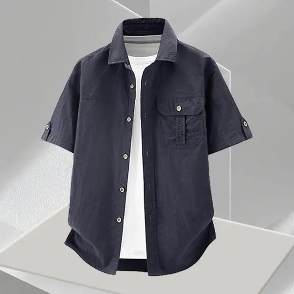 Men’s Casual Plain Classic Short-Sleeve Breathable Wear-Resistant Utility Work Shirt - Relaxed Fit, Practical Chest Pocket, Suitable for Work, Everyday Wear, Menswear