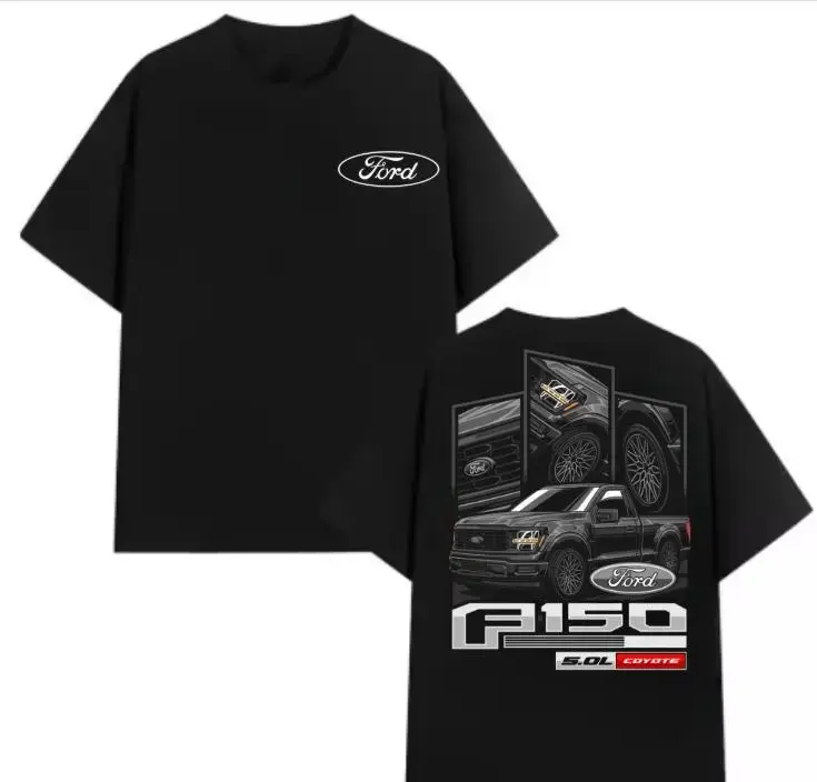Men's Graphic T-Shirt with Double-Sided 5.0L V8 Engine Print, Casual Cotton Short Sleeve Streetwear for Truck Enthusiasts, Tshirt Round Neck Crewneck Menswear Tops
