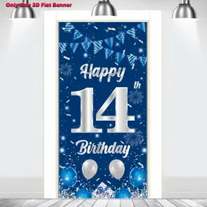 1pc 2D flat banner,Happy Birthday Door Banner Backdrop Boys Girls 14th Birthday Decorations Blue14th Birthday Door Cover Background Supplies Outdoor Indoor Birthday Decoration Photo Booth Props