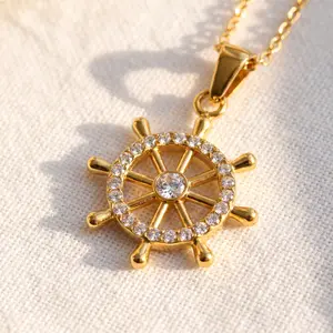 Dainty Ship Wheel Cubic Zirconia Pendant Necklace - 2-Tone Gold & Silver Nautical Rudder Chain, Tarnish-Free Waterproof Hypoallergenic Ocean Jewelry, Minimalist Daily Wear, Ideal Birthday Gift for Women