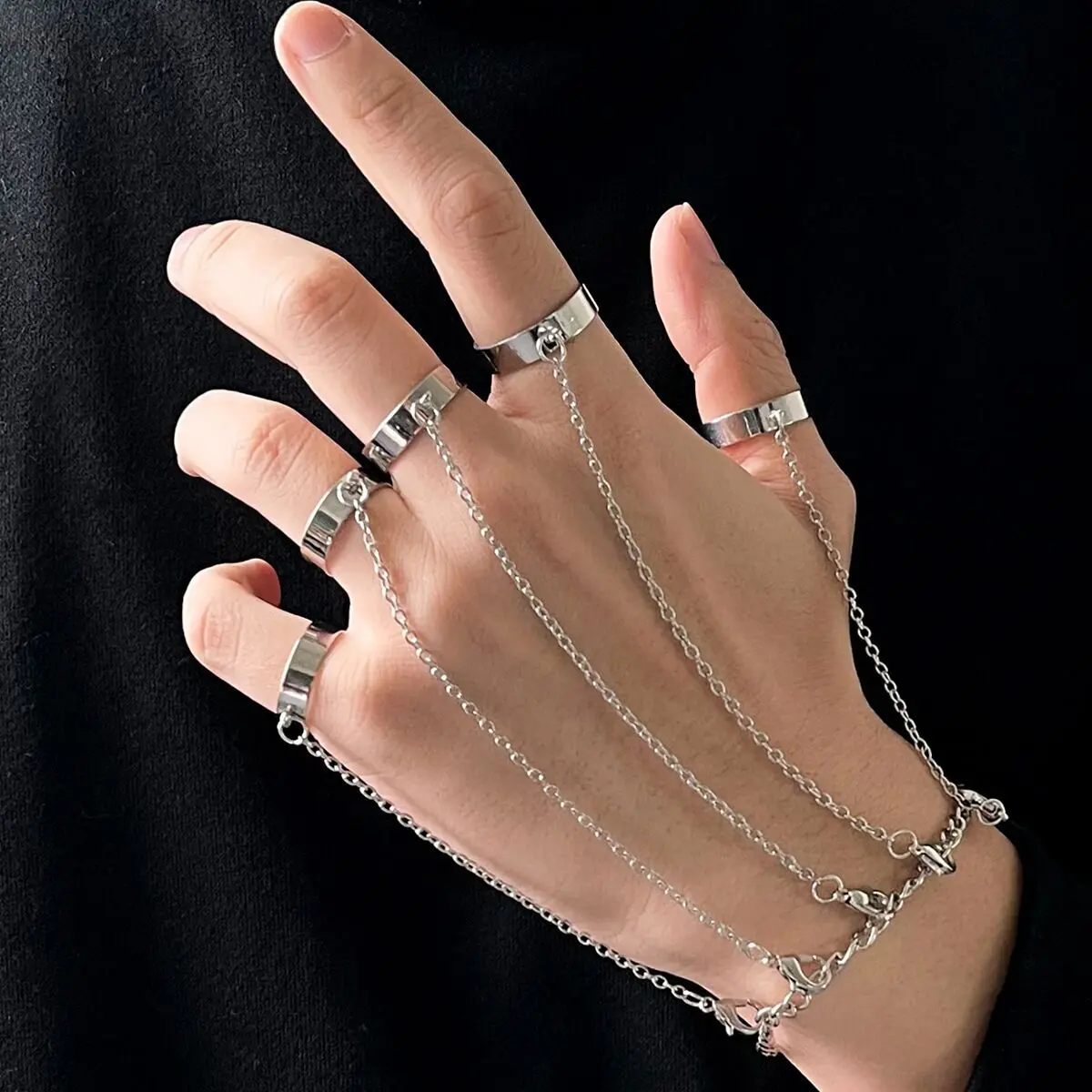 Wrap-Around Metal Cuff Bracelet with Finger Chain, Punk Hip-Hop Jewelry with Artificial Gemstone, Personalized Gift for Concerts & Birthdays, Music, Graduation, Concert Wear, Casual, Adults
