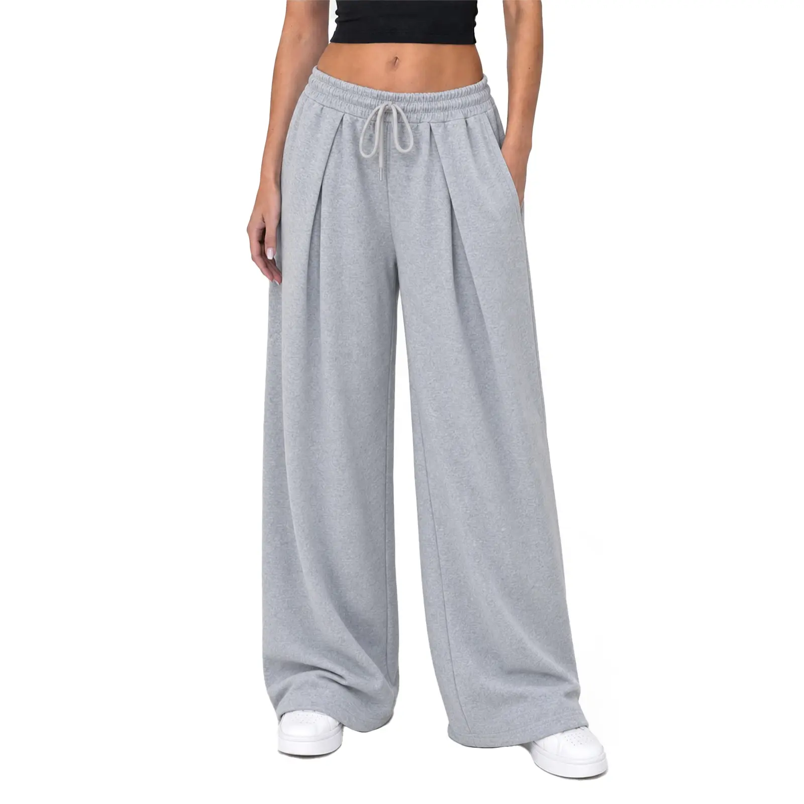 Fisoew Women's High Rise Pleated Wide Leg Pants - Comfy Loungewear Trousers with Adjustable Drawstring Elastic Waist, Side Pockets, Casual Lounge Fit, Comfy Pants, Casual Lounge Pants