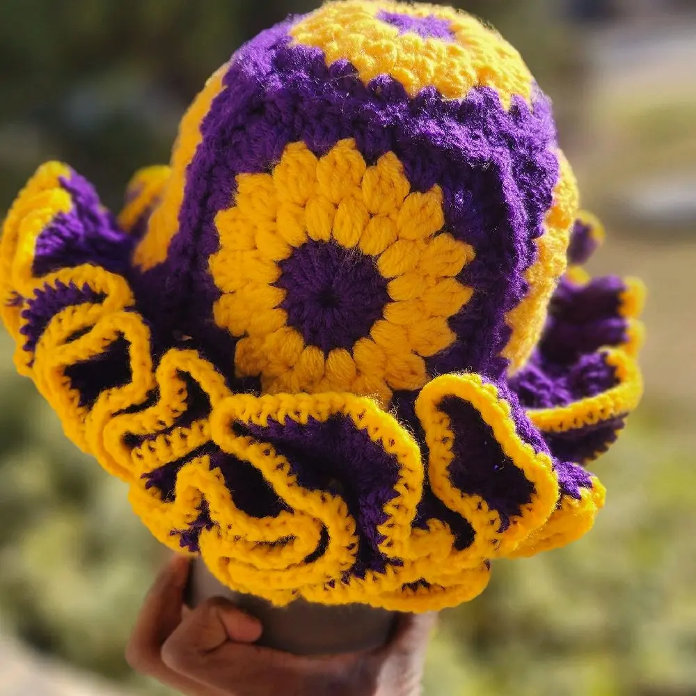 Sunflower Crochet Ruffle Hat in Royal Purple and Gold Colorful Handmade Design