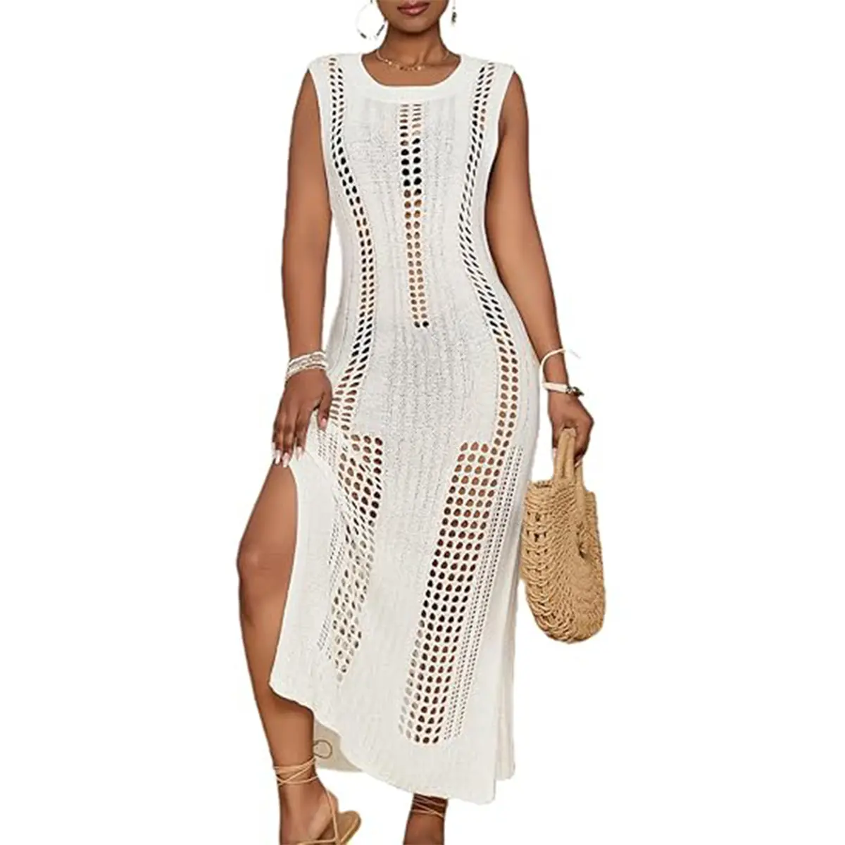 Bsubseach Women's Crochet Sleeveless Coverup - Lightweight, Breathable Knit Hollow Out Swimsuit Cover Up for Summer Bikini Beachwear, Gentle Wash Compatible, Beach Cover Ups, Swimwear Coverups, Knit Cover Up