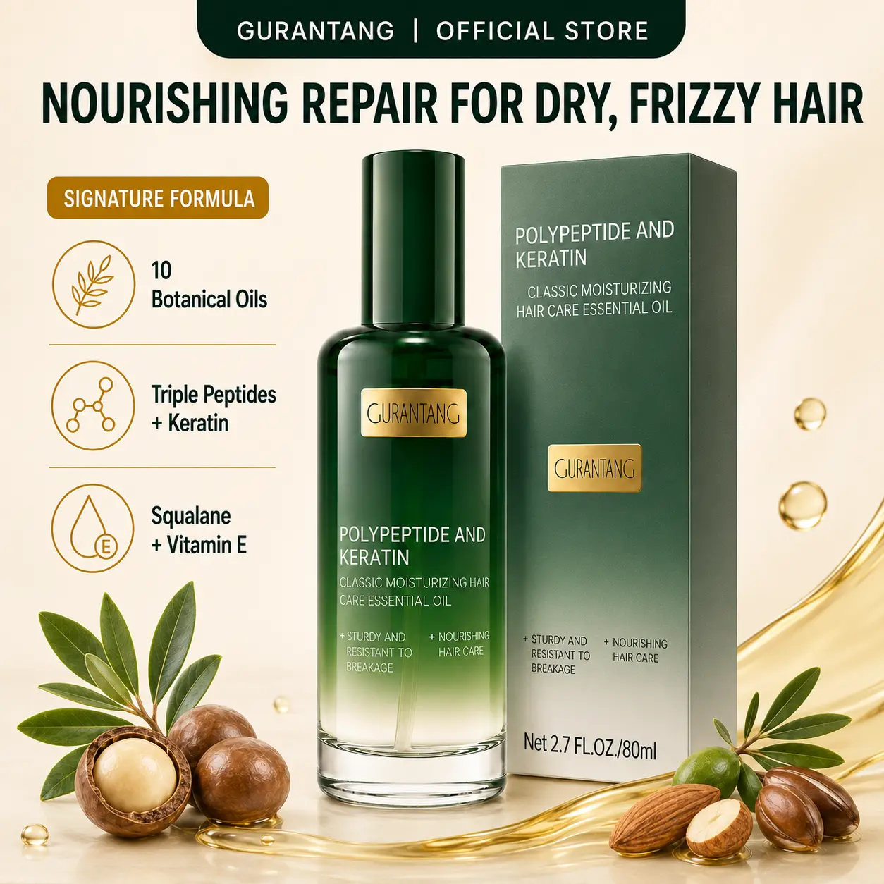 Peptide & Keratin Hair Oil | K-Beauty Care for All Hair Types, Dry Frizzy Hair, Damage Repair, Anti-Breakage, Lightweight Non-Greasy Care, Smooth & Glossy Hair, Salon Shine Finish | with Squalane & 10 Plant Oils including Jojoba Seed Oil