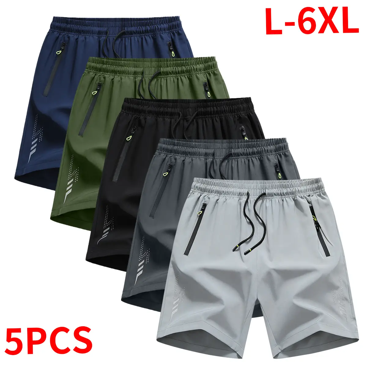 Men's Plus-Size Shorts 5-Pack, Solid Performance Workout Set with Drawstring Fit for Training & Casual Wear, Plussize, Men's Shorts, Basic, Active, L