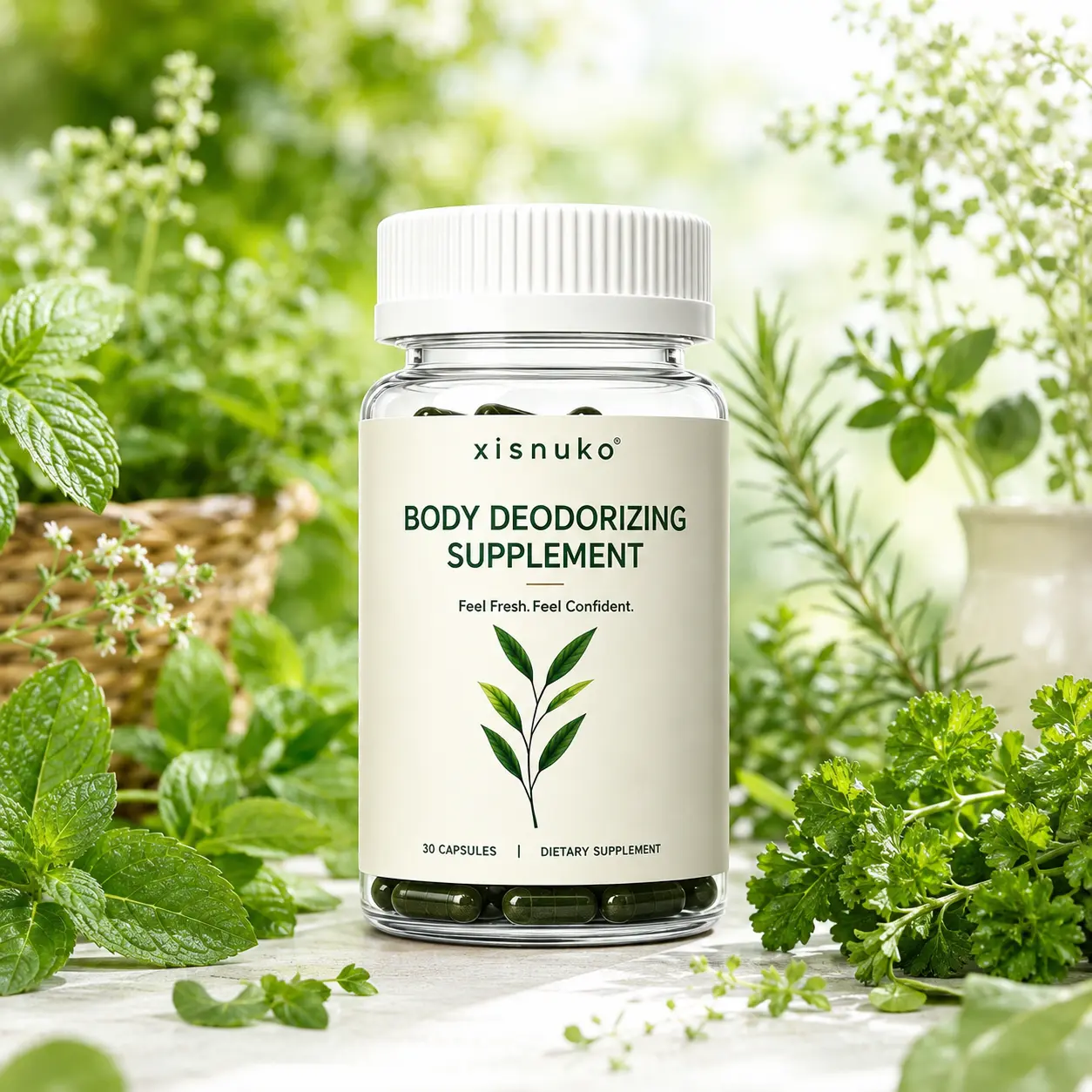 xisnuko Body Deodorizing Supplement – Chlorophyll Internal Deodorant Capsules with Parsley, Peppermint, Nettle, Fennel, Zinc & B6, 30 Capsules