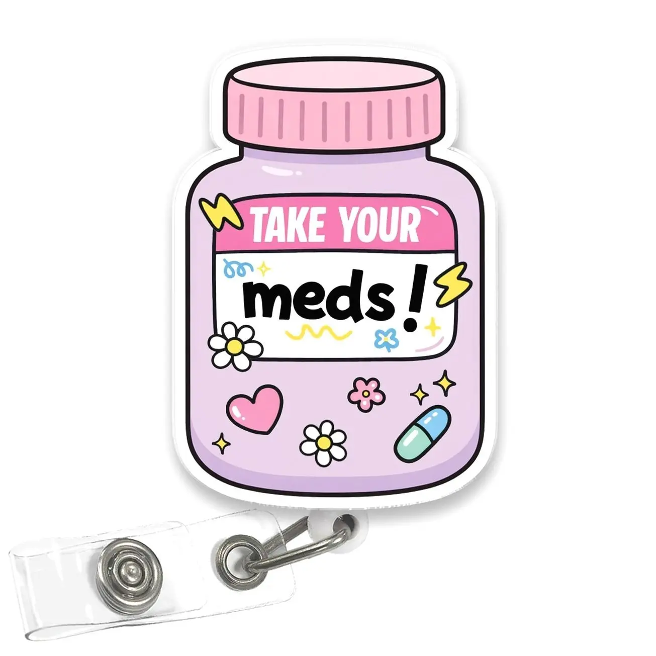 Take Your Meds Pharmacy Badge Reel, Cute Pharmacist Tech Acrylic Retractable Badge Holder with Clip, Medication Reminder ID Holder Gift for Nurse Doctor Student HQ5