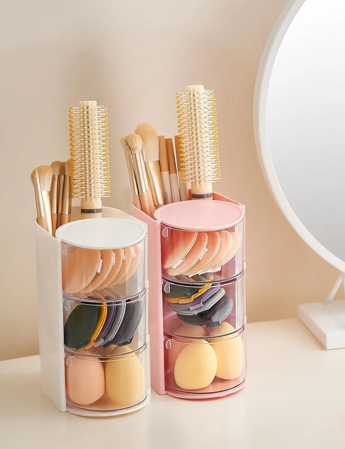 Summer vibe limited edition model with a built-in professional brush storage compartment, featuring a rotatable main body and separate divided drawers. Easily store makeup brushes, hair clips, earrings, necklaces, bracelets, and various delicate hair acce