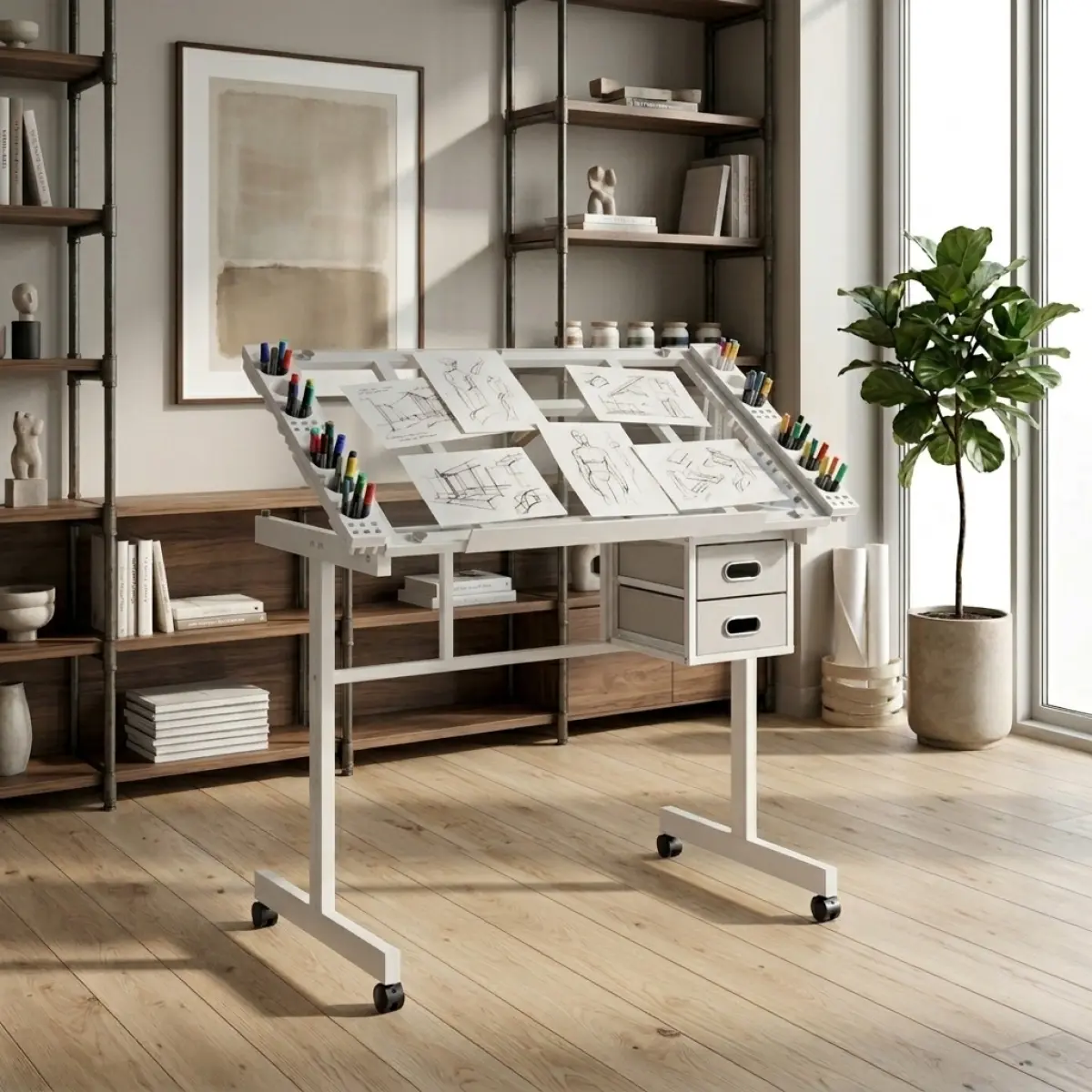 [Bellemave] Adjustable Art Drawing Desk Craft Station Drafting with 2 fabric Drawers and 4 Wheels