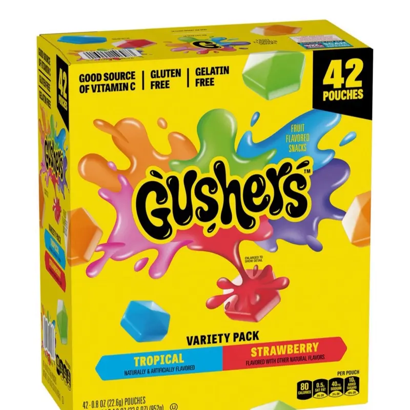 Gushers Strawberry & Tropical Variety Pack Puffed Crisp Snacks, 0.8 oz, 42 Pk, Fruit-Flavored Gummy Candies, Gluten-Free, Gelatin-Free, Good Source of Vitamin C