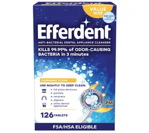 Efferdent Retainer Cleaning Supplements , Denture Cleaning Supplements for Dental Appliances, Overnight Whitening, 126 Count
