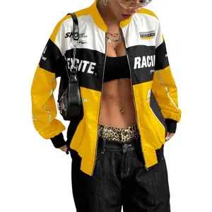 Women's Racing Jacket Color Block Zip Up Varsity Jackets Oversized Letter Graphic Motorcycle Biker Coats 2025
