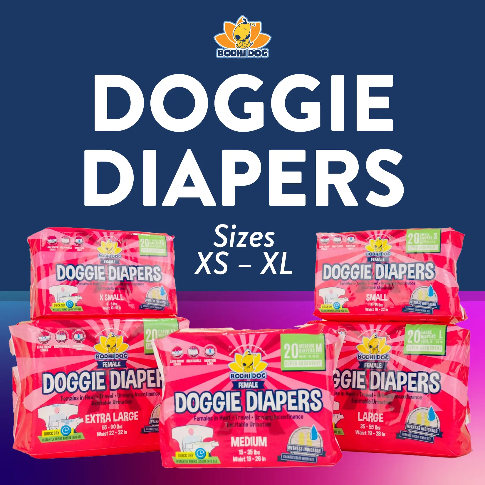 Disposable Female Dog Diapers | Ultra-Absorbent, Leak-Proof & Adjustable Fit | Moisture Control with Wetness Indicator | XS – XL Sizes from Bodhi Dog