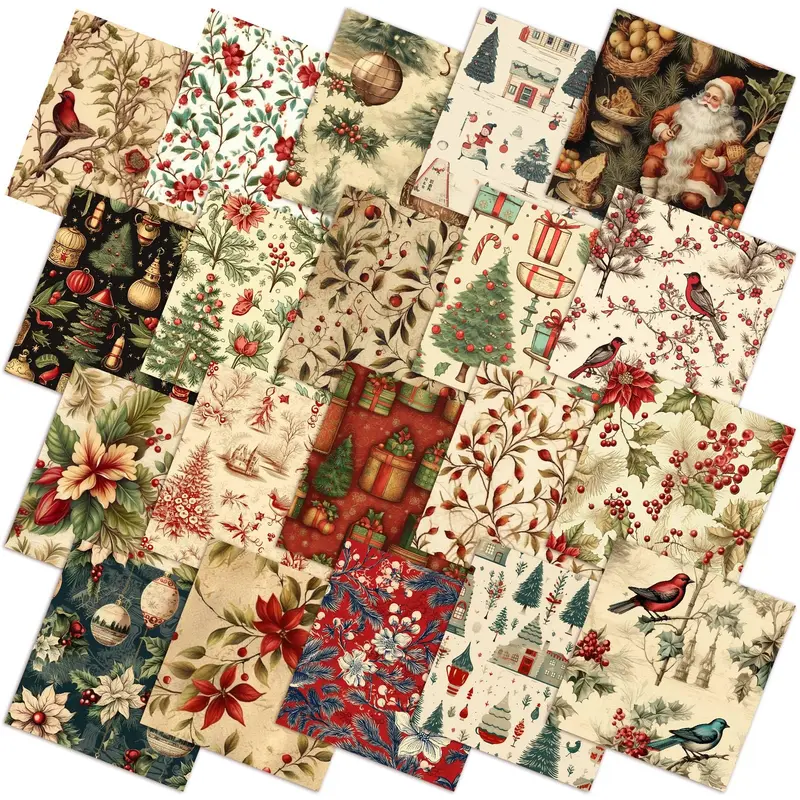 Vintage Printed Polyester Christmas Quilt Patches - Santa, Cardinal, Snowflake Patterns, Soft Polyester Sewing Supplies for Beginner Crafters, Ideal for DIY Rag Garland, Scrapbooks, Multicolor