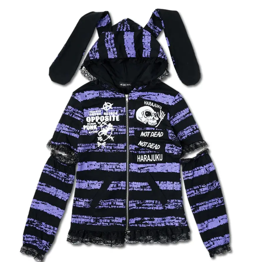 Punk Harajuku bunny ears black and purple hoodie with lace detail