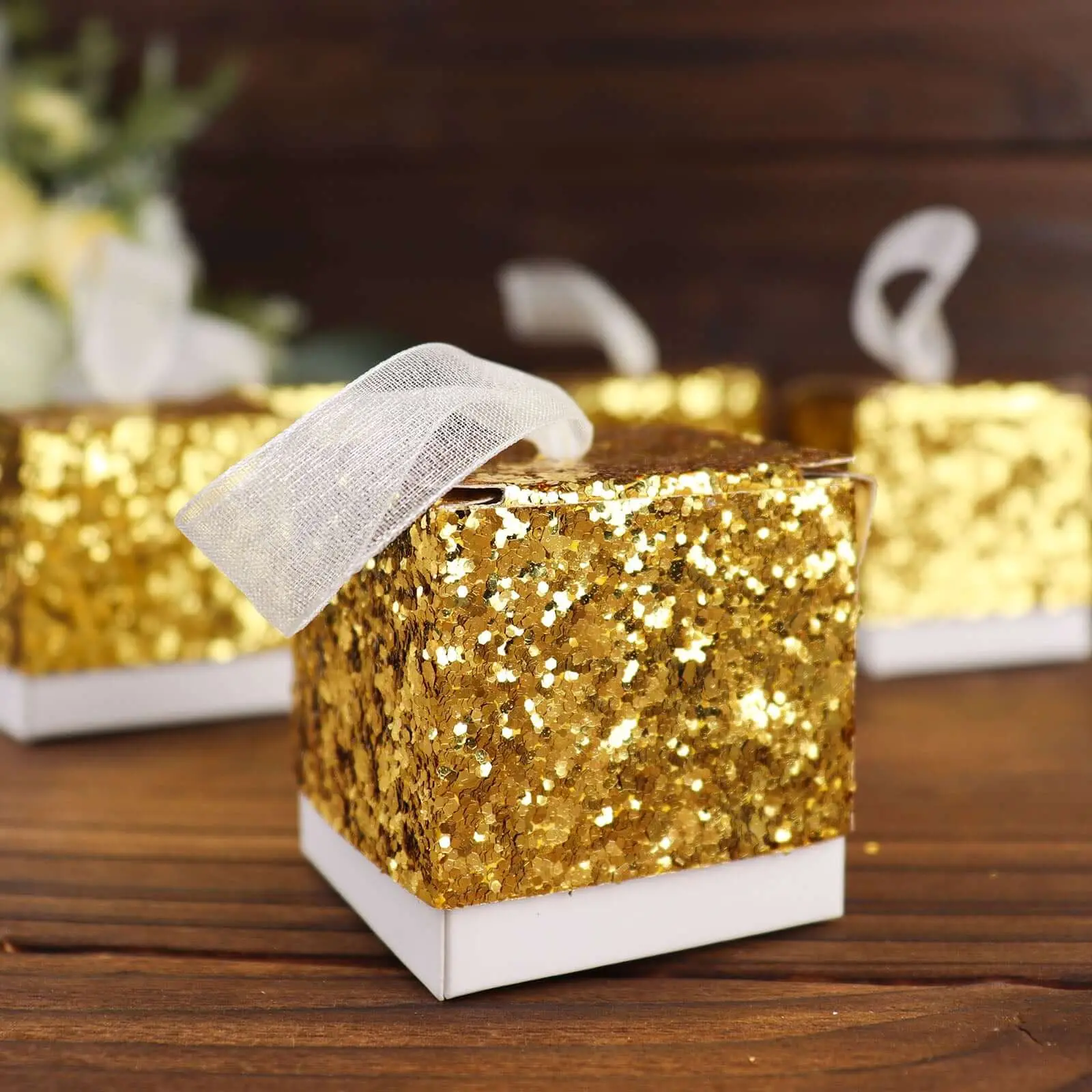 25-Pack 2" Sequin Glitter Gold Finish Paper Party Favor Boxes with White Ribbon Loop, Beautiful Gift Box for Glitter Gifts & Wrapping
