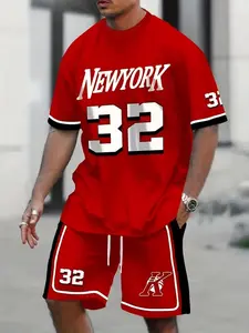 Men's Printed Short Sleeve T-Shirt + Shorts Set, Casual Sportswear, Breathable Outdoor Wear, Digital 32 Print, Beach Party, Pool Party