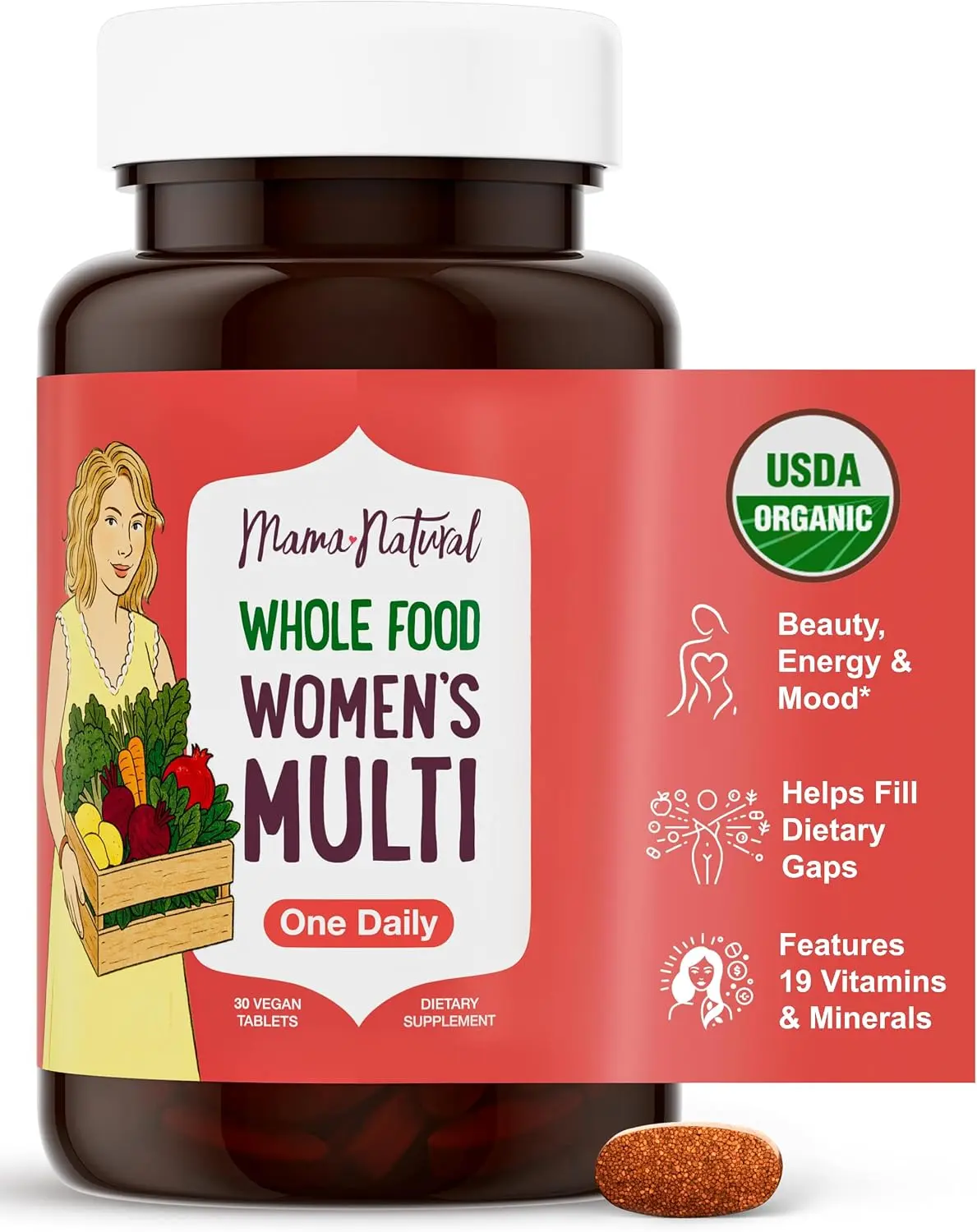 Mama Natural Dietary Women's Multivitamin - Whole Food Based, Single Pill 1-A-Day Vegan Tablet, USDA Organic, Non-GMO, Clean Label with Iron & Methylated B12, Organic Fruits, Energy Boost, 30 Tablets Supply