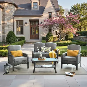 4-Piece Outdoor Patio Furniture Set Rattan chair Sectional Sofa with Cushions&Tempered Glass Table for Garden Luxury Lounge Home para exterior shatt wrproof