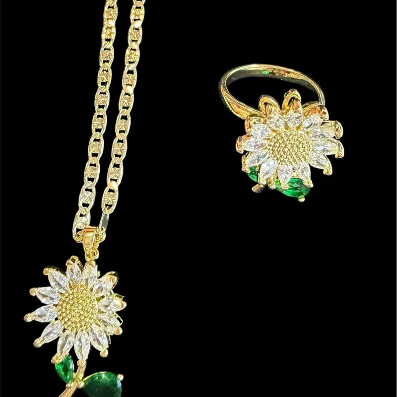 Sunflower Necklace Set with Ring - Gold Plated Pendant & Ring - Elegant Floral Jewelry for Women