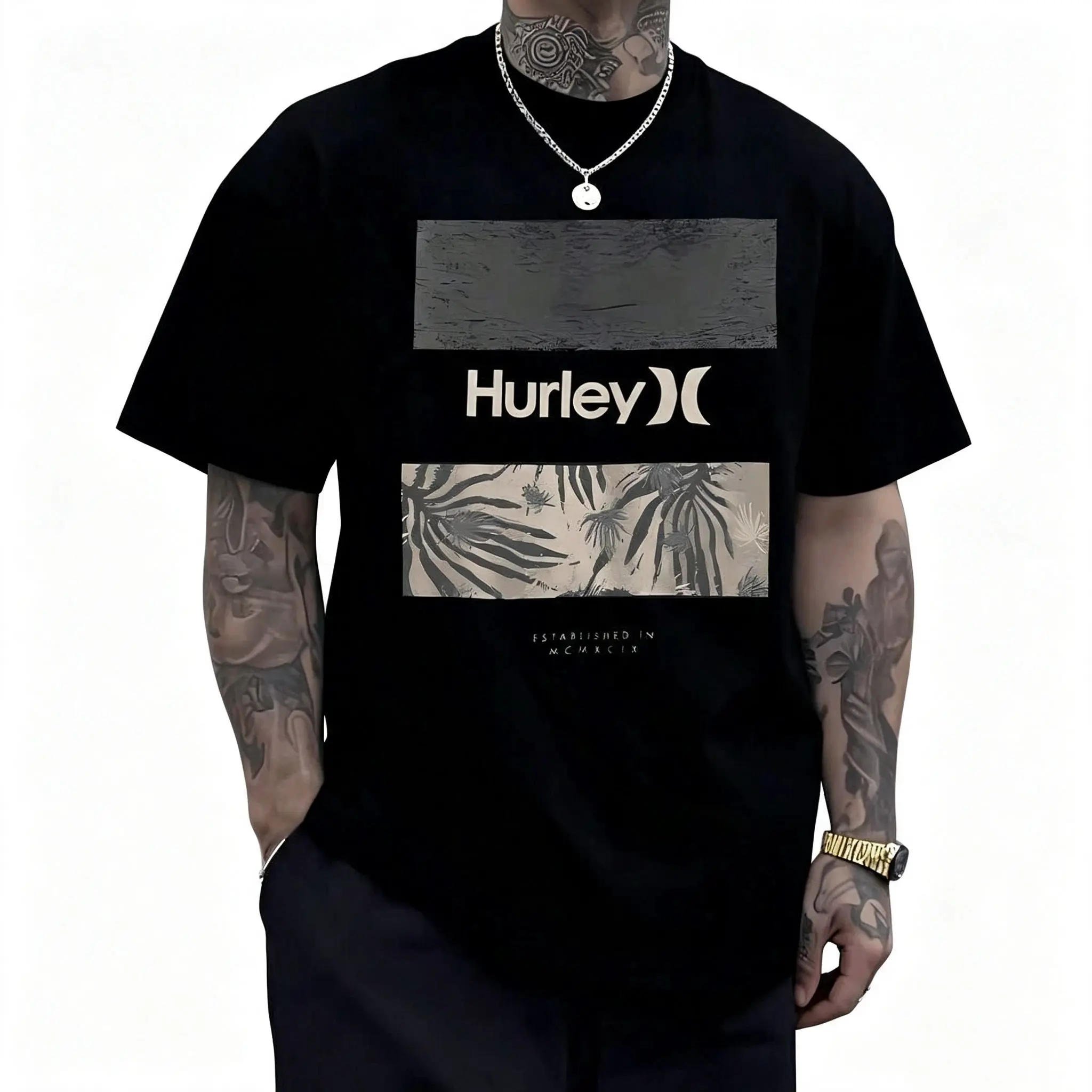 Hurley Relaxed Fit Round Neck Short Sleeve Casual Sports Tee - Palm Print, Floral Motifs for Tropical Beach Getaways, Short Sleeve Tops