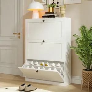 VOWNER Wooden MDF Shoe Rack Organizer - Freestanding 3 Flip Drawers Storage Cabinet with Adjustable Shelf, Anti-Tipping Device, Slim Design for Entryway, Hallway