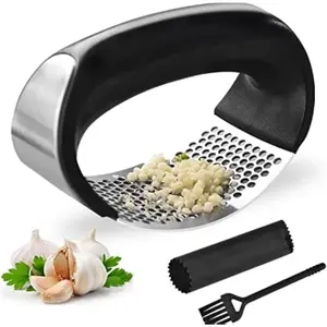 3 PCS Stainless Steel Garlic Press Rocker Set, With Garlic Peeler & Cleaning Brush, Garlic Chopper, Mincer, Grater, Crusher, Easy to Clean, Effortless Mincing Tool for Kitchen