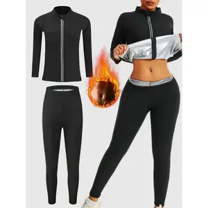 Lady sauna sport outfit - long-sleeved hooded jacket and trousers, with a high collar design, made of polyester fiber spandex, machine washable
