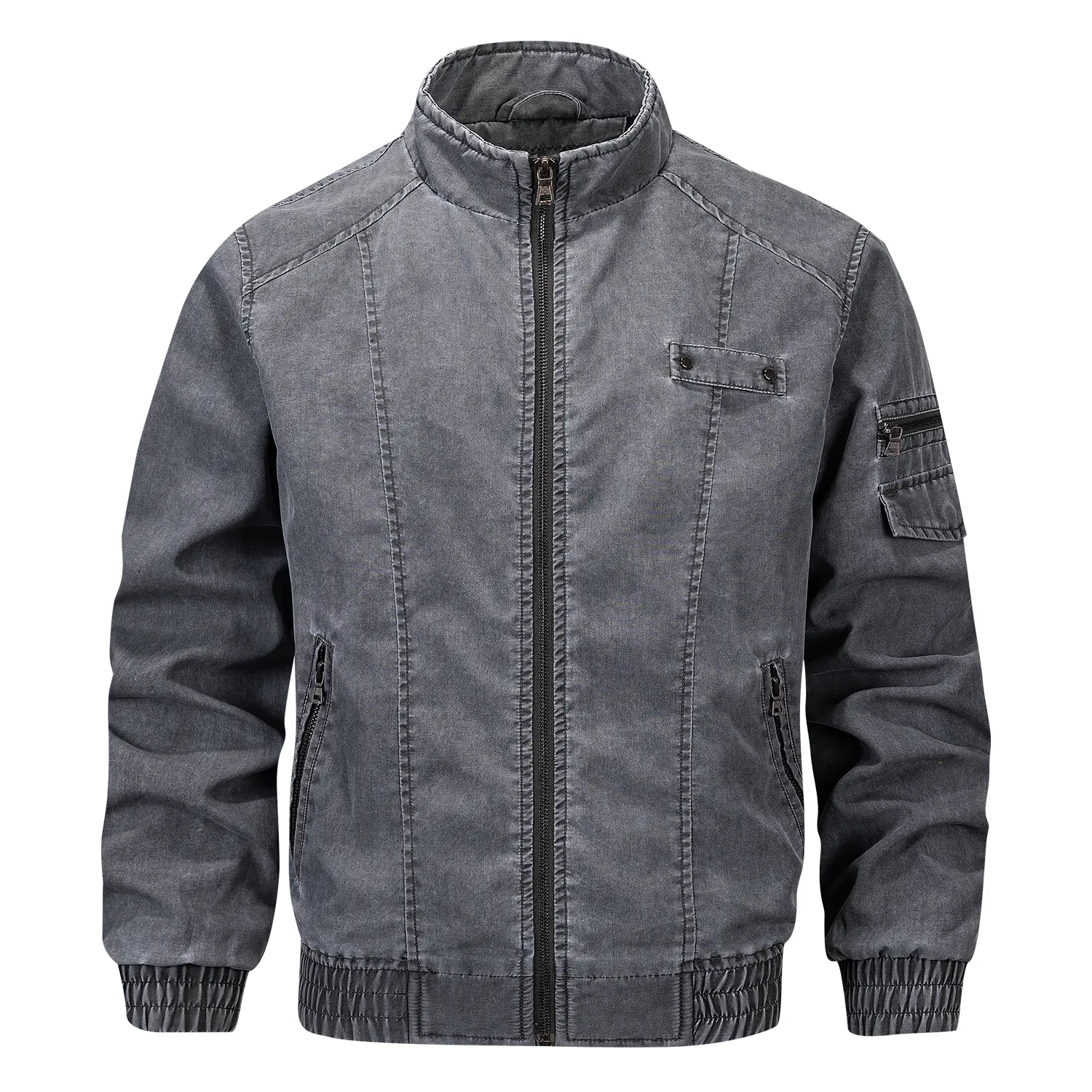 Men's Vintage Washed Utility Jacket, Full Zip Stand Collar Casual Bomber with Multiple Zipper Pockets for Fall, Outdoor and Everyday Wear