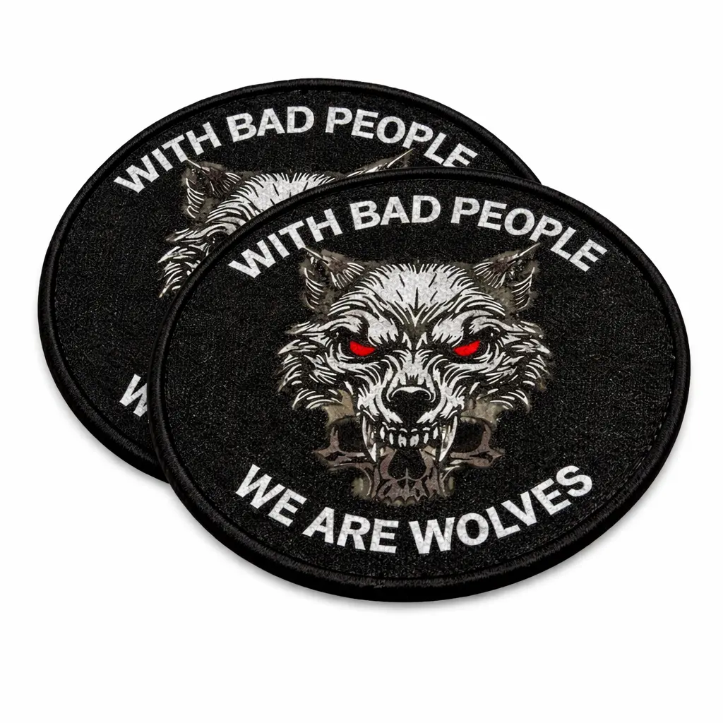 2PCS Wolf Printed Morale Velcro Patches, Red Eyes Logo Patch with Hook and Loop Backing for Tactical Backpacks Jackets Vests Hats and Bags No-Sew