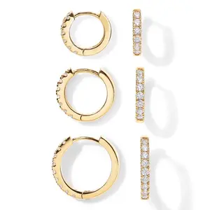 18K Gold Plated 925 Sterling Silver Post 3-Pair Small Gold Hoop Earrings Set | Mini Cartilage Helix Huggie Hoop Pack for Women Men 8mm 10mm 12mm