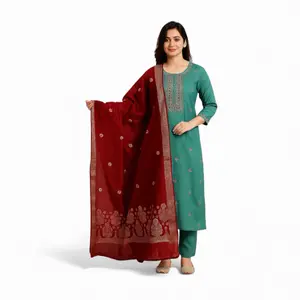 Partywear Kurta Set in Cotton Silk Fabric with Heavy Banarsi Dupatta & Embroidery Work in Various Colors Elegant Clothes
