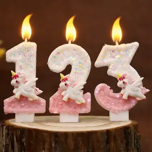 1pc unicorn number birthday candle, sparkle paraffin cake candle, unicorn shape, perfect for Halloween, Christmas events and party supplies, Halloween and Christmas birthday party decorations.