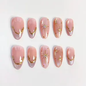 Pink Cat Eye Press On Nails Long Almond Acrylic with Bling Star 3D Gold Chrome Silver Glitter Design for Birthday Party