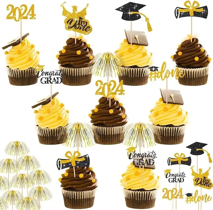 160 Pcs 2024 Graduation Firework Cupcake Toppers Set 100 Pcs 9 Inch Gold Foil Frill Firework Toothpicks and 60 Pcs Graduation Glitter Graduation Cupcake Topper for Graduation Party Cake Cocktail Food
