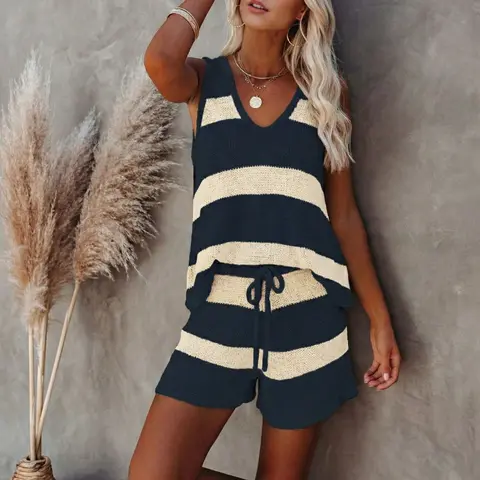 Women's Y2K Style V-Neck Striped Knit Top and Drawstring Shorts Set, Adjustable, Casual Beach Holiday, Summer Vacation Fashion, Everyday Wear, Clothes