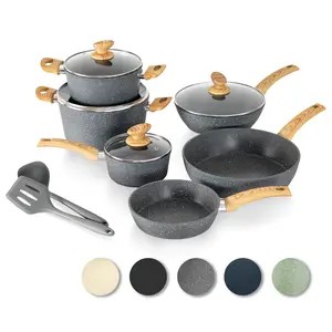 Kitchen Academy Granite Pots and Pans Set Non Stick, 12 Piece Cast Induction Cookware Set, Black Nonstick Kitchen Cooking Set w/Frying Pans & Saucepans
