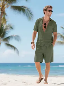 Men's Solid Color Breathable Linen Shirt & Shorts Set, Regular Fit Casual Short Sleeve Button Down Top & Shorts, Men's Tropical Summer Set for Vacation Holiday Beach