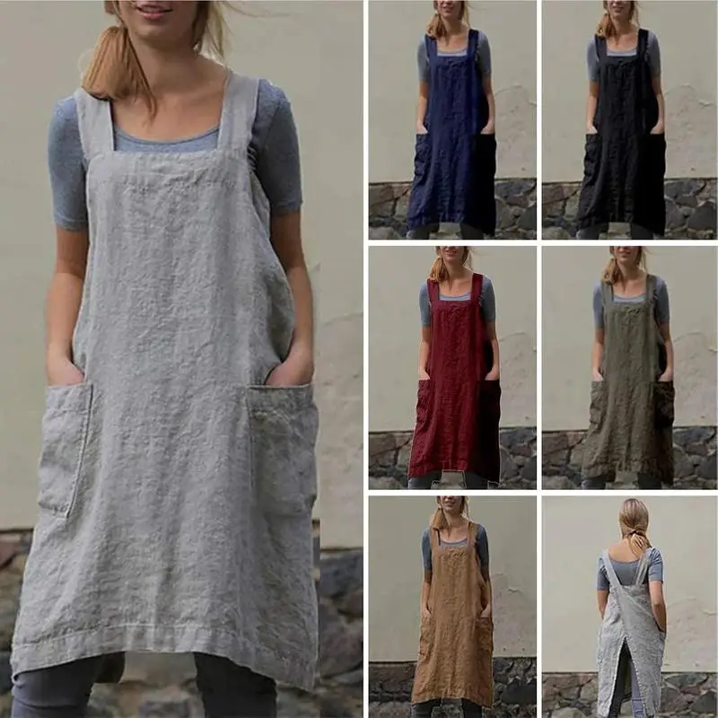 Women's Cotton Linen Apron - Lightweight Cross Back Pinafore with Back Counts Not Sewn Together for Kitchen Use, Gardening - Ideal Home Supplies Gift for Mothers, Friends - Suitable for Bar Work, Bars, Gardens