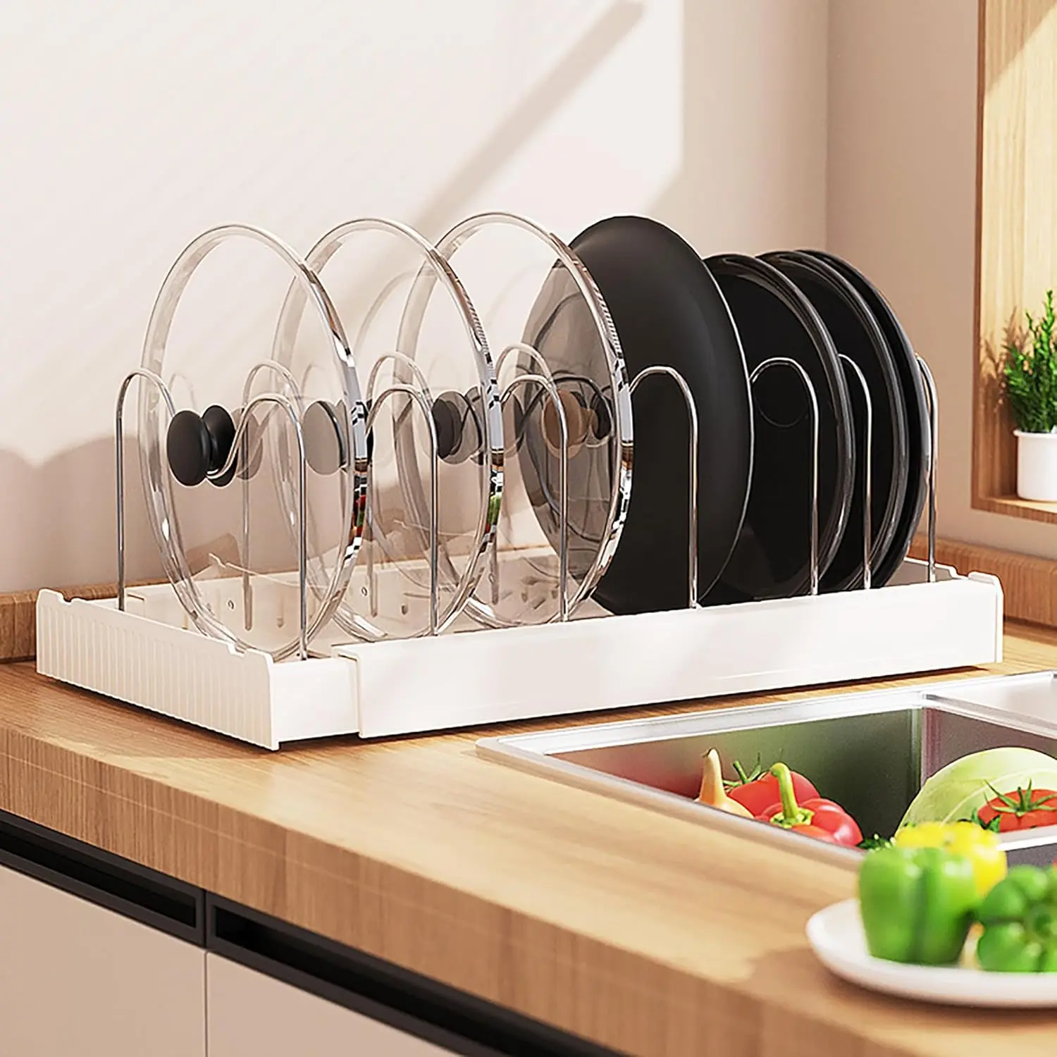 Kitchen Expandable Pot and Pan Organizer Rack with 7 Adjustable Stainless Steel Dividers, Adjustable Metal Racks (30.5-56 cm Shelves, Up to 8 Storage Sections), Rust-Resistant Durable Cookware Bakeware Storage for Apartment RV, 1 Pcs (White/Grey)